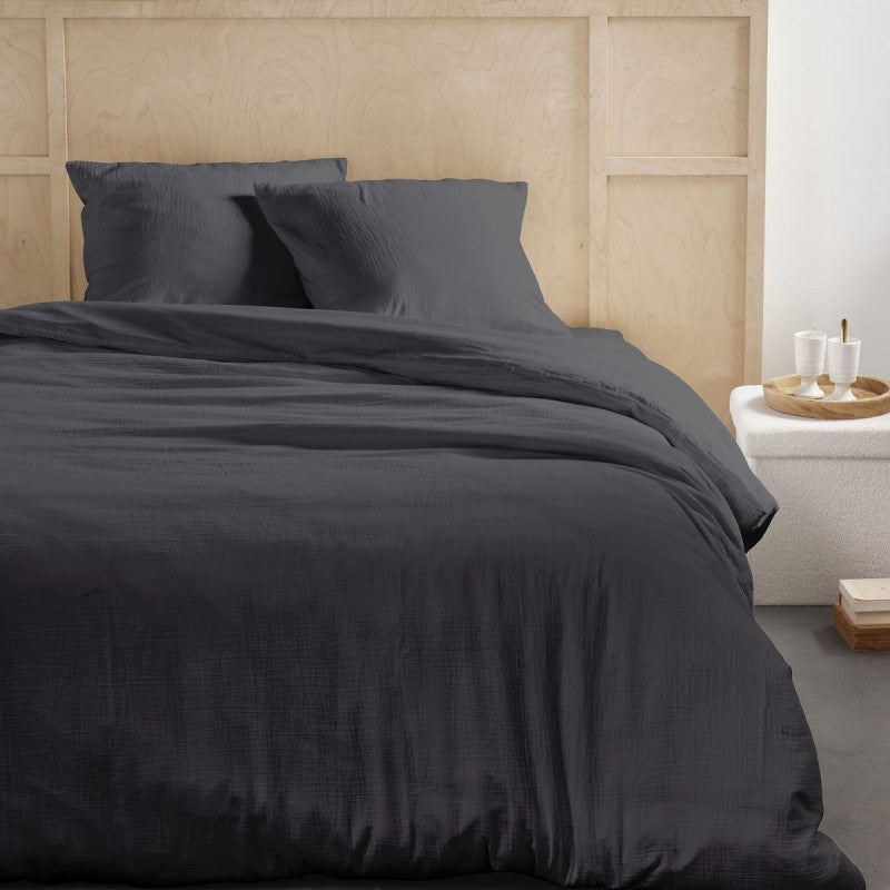 Pack 3 pièces Housse de couette 240 x 220 cm + 2 Taies d'oreiller 65 x 65 cm Gaze de Coton Fusain