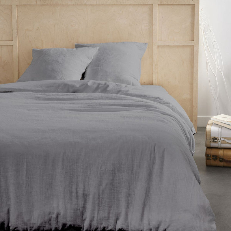 Pack 3 pièces Housse de couette 260 x 240 cm + 2 Taies d'oreiller 65 x 65 cm Gaze de Coton Acier