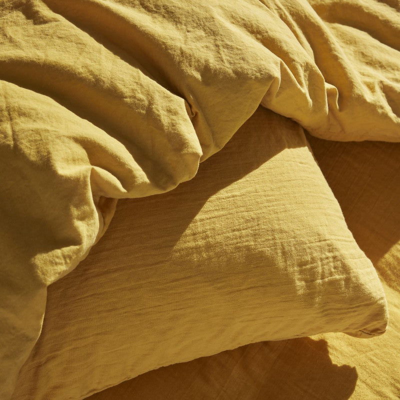 Pack 3 pièces Housse de couette 240 x 220 cm + 2 Taies d'oreiller 65 x 65 cm Gaze de Coton Ocre