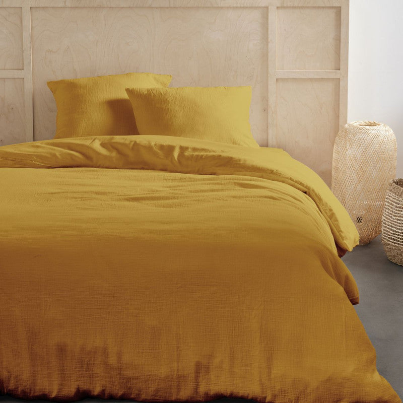 Pack 3 pièces Housse de couette 240 x 220 cm + 2 Taies d'oreiller 65 x 65 cm Gaze de Coton Ocre