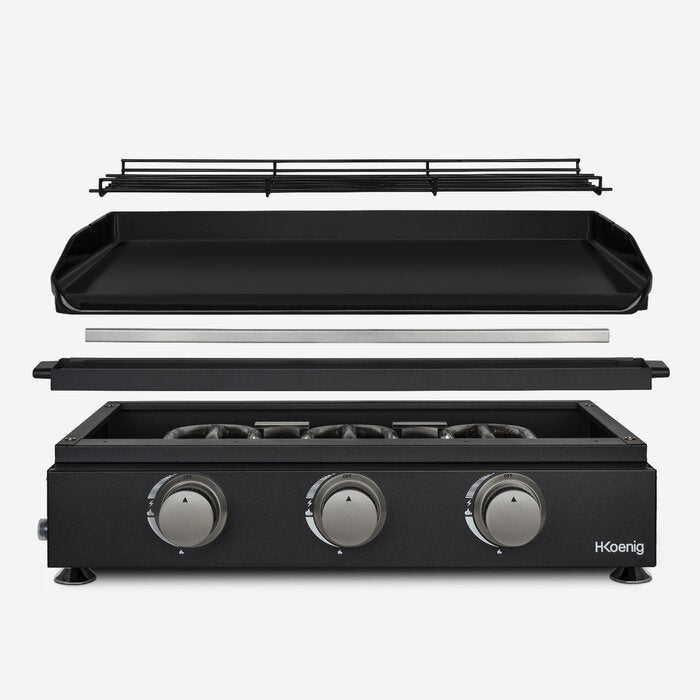 Plancha au gaz 3 brûleurs - surface de cuisson 63,5 x 36 cm - jusqu'à 350 °C - fonte émaillée - noir