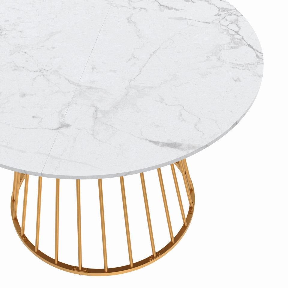 Table repas Adelle plateau rond effet marbre 110cm et pied filaire doré