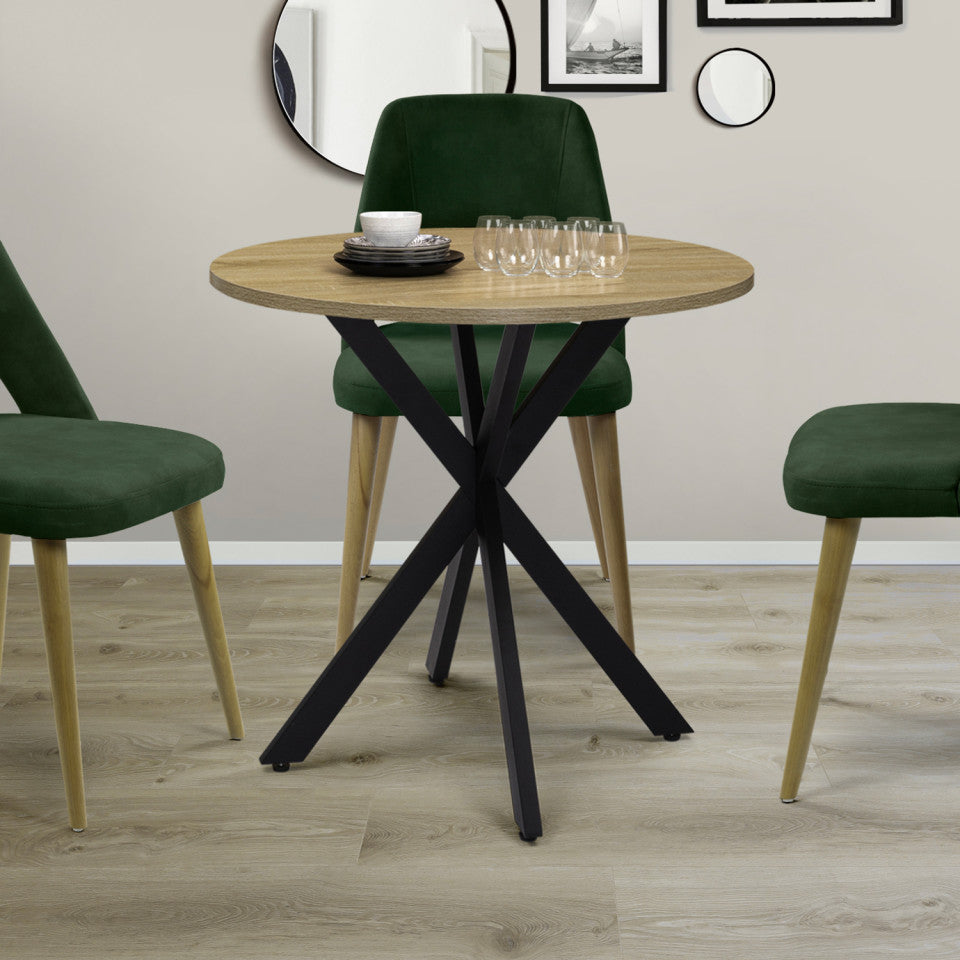 Table repas Soline 80cm plateau rond bois pieds croisés noirs