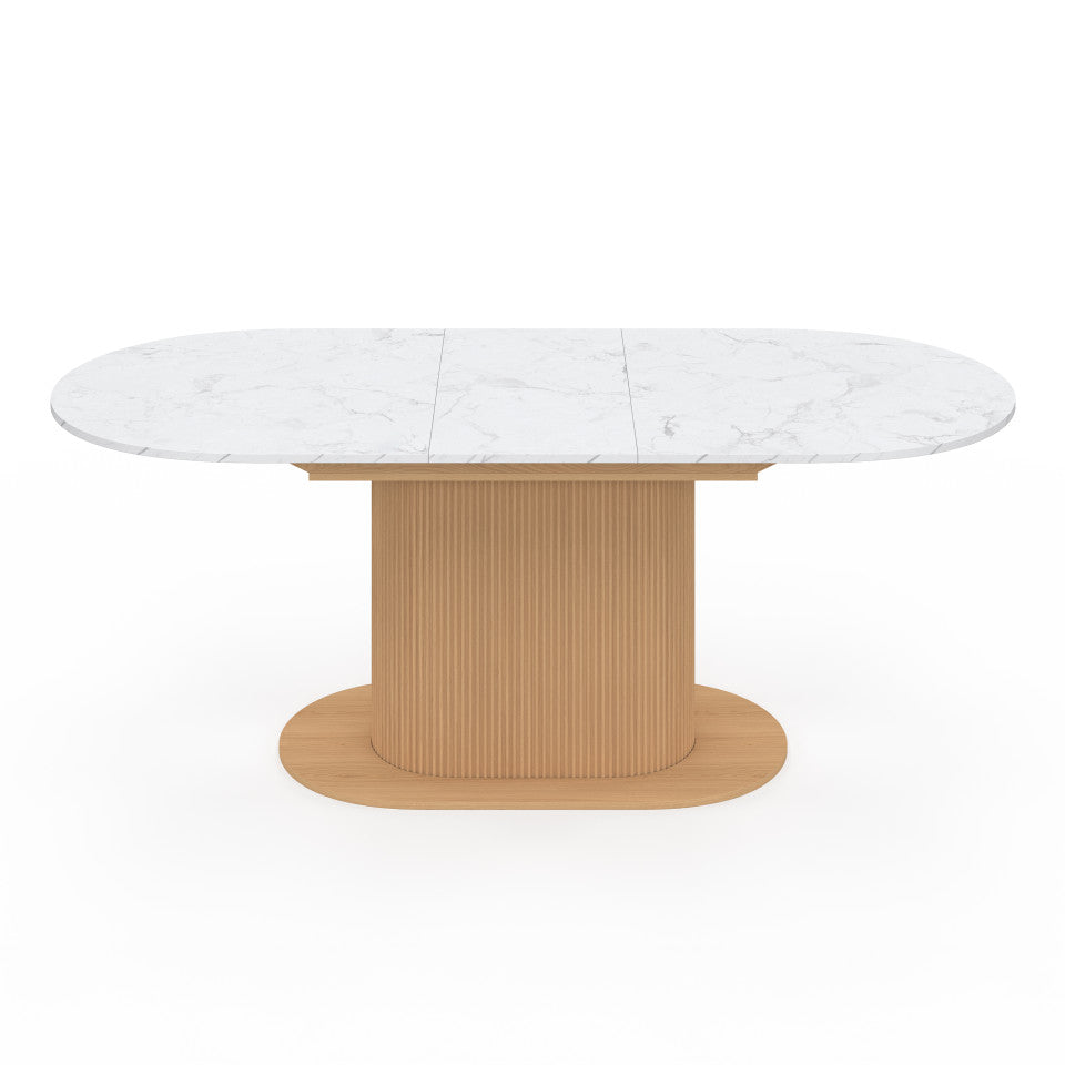 Table à manger extensible Maria effet marbre blanc et pied lattes 160-200cm
