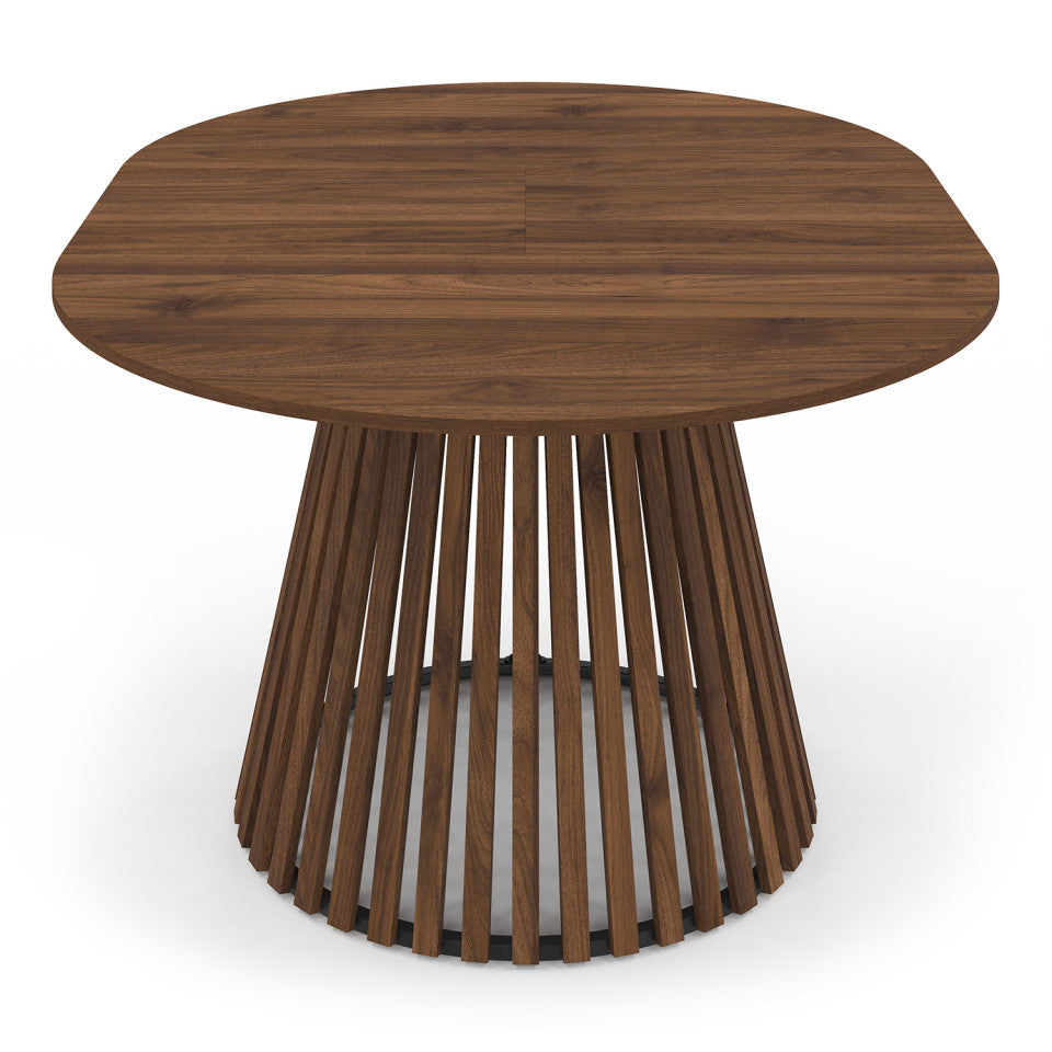 Table repas Camélia plateau rond extensible 110-150cm effet noyer et pieds lattes