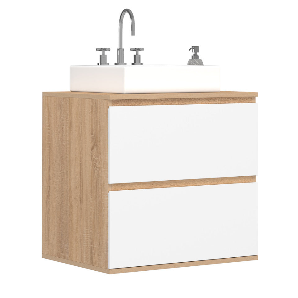Meuble sous vasque suspendu Tom 2 tiroirs blanc et effet hêtre L60cm