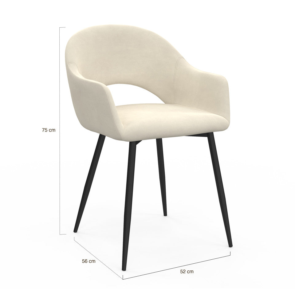 Chaises avec accoudoirs Rebecca en velours crème et pieds métal - lot de 2