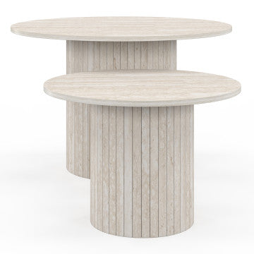 Tables basses rondes gigognes Alvar effet travertin et pieds lattes - lot de 2