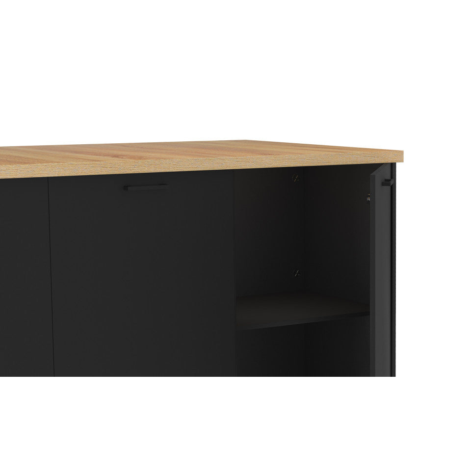 Ilot central de cuisine Dario L120cm bois et noir avec rangements