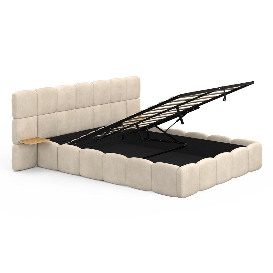Lit coffre Bubble 140x190cm velours beige chevets intégrés