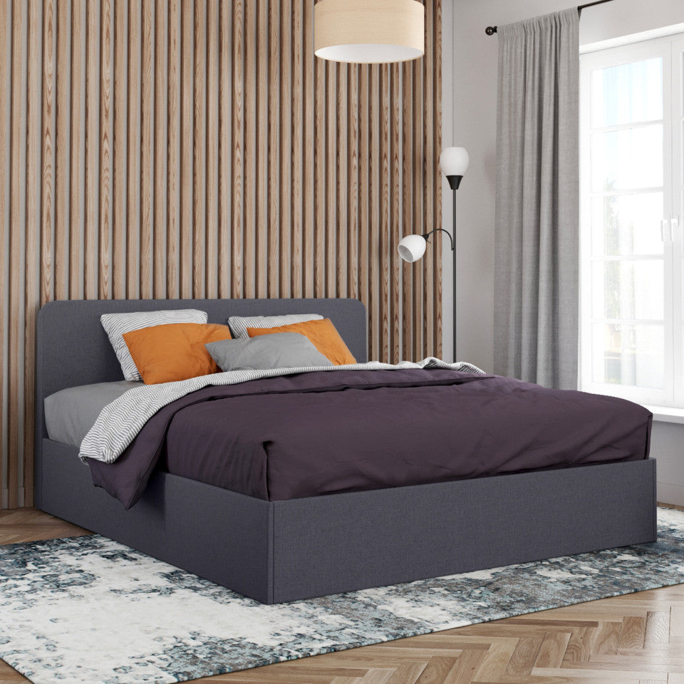 Lit coffre Louise en tissu gris avec sommier et tête de lit arrondie 160x200cm