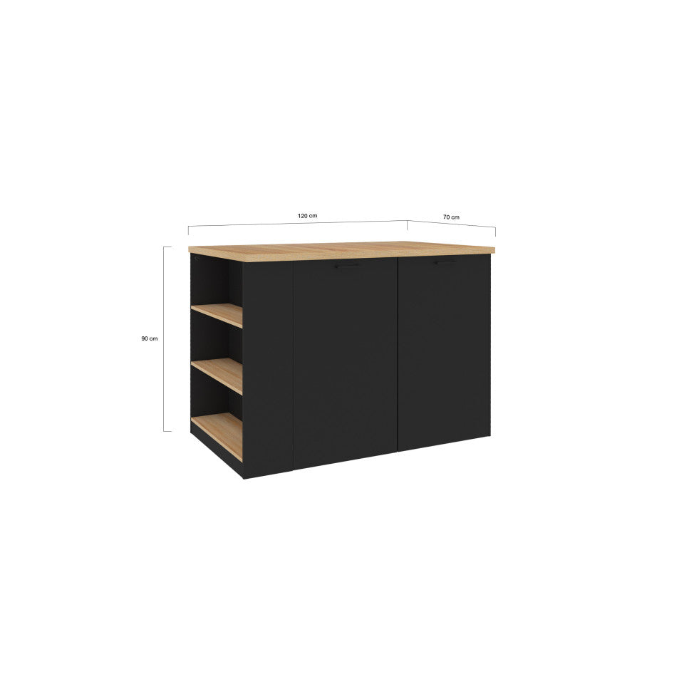 Ilot central de cuisine Dario L120cm bois et noir avec rangements
