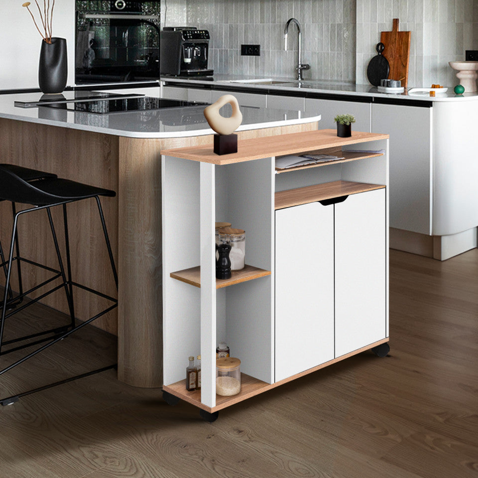 Desserte de cuisine sur roulettes avec rangements blanche