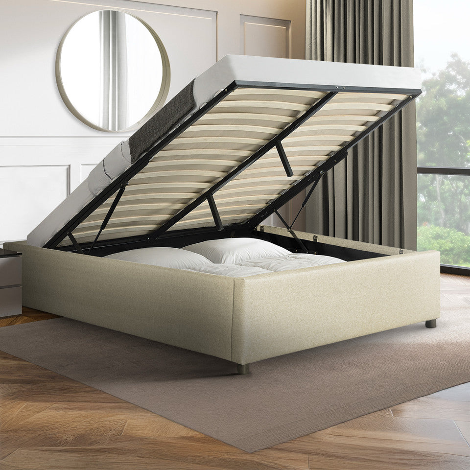 Lit coffre Otto en tissu beige avec sommier 140x190cm