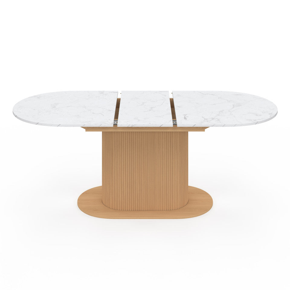 Table à manger extensible Maria effet marbre blanc et pied lattes 160-200cm