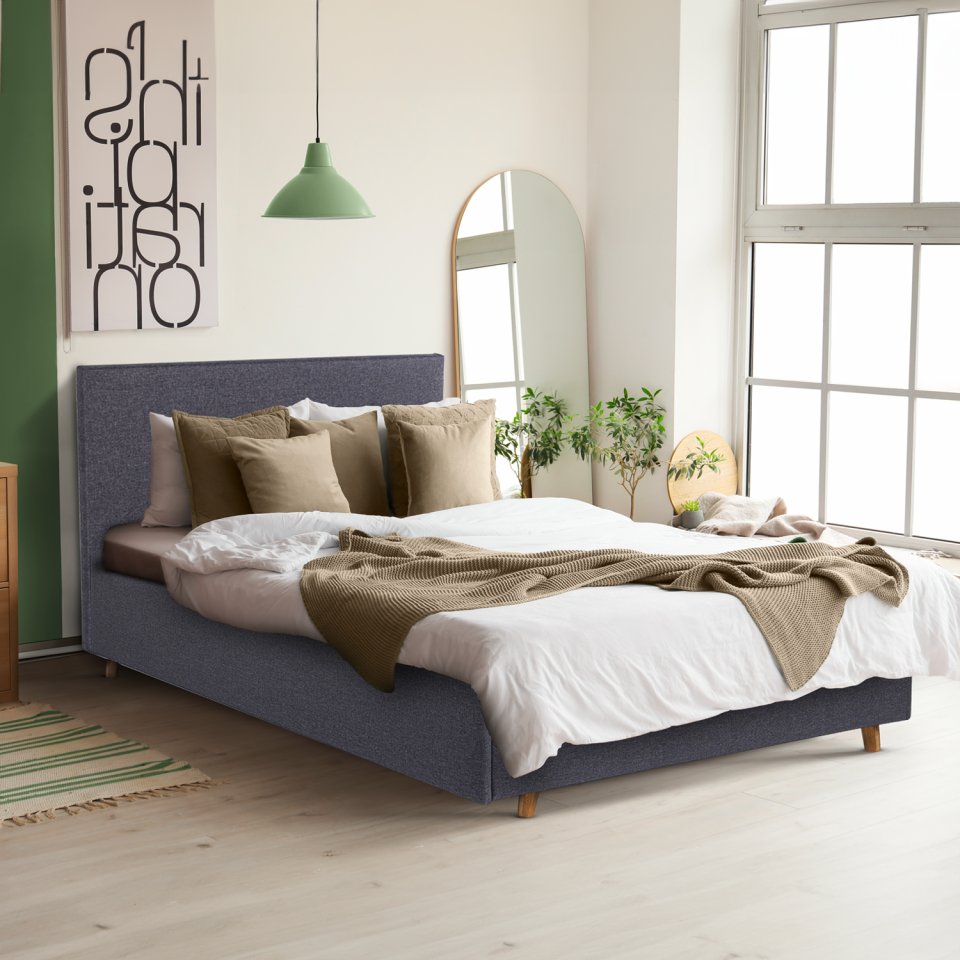 Lit coffre Mala en tissu gris avec sommier et tête de lit capitonnée 140x190cm