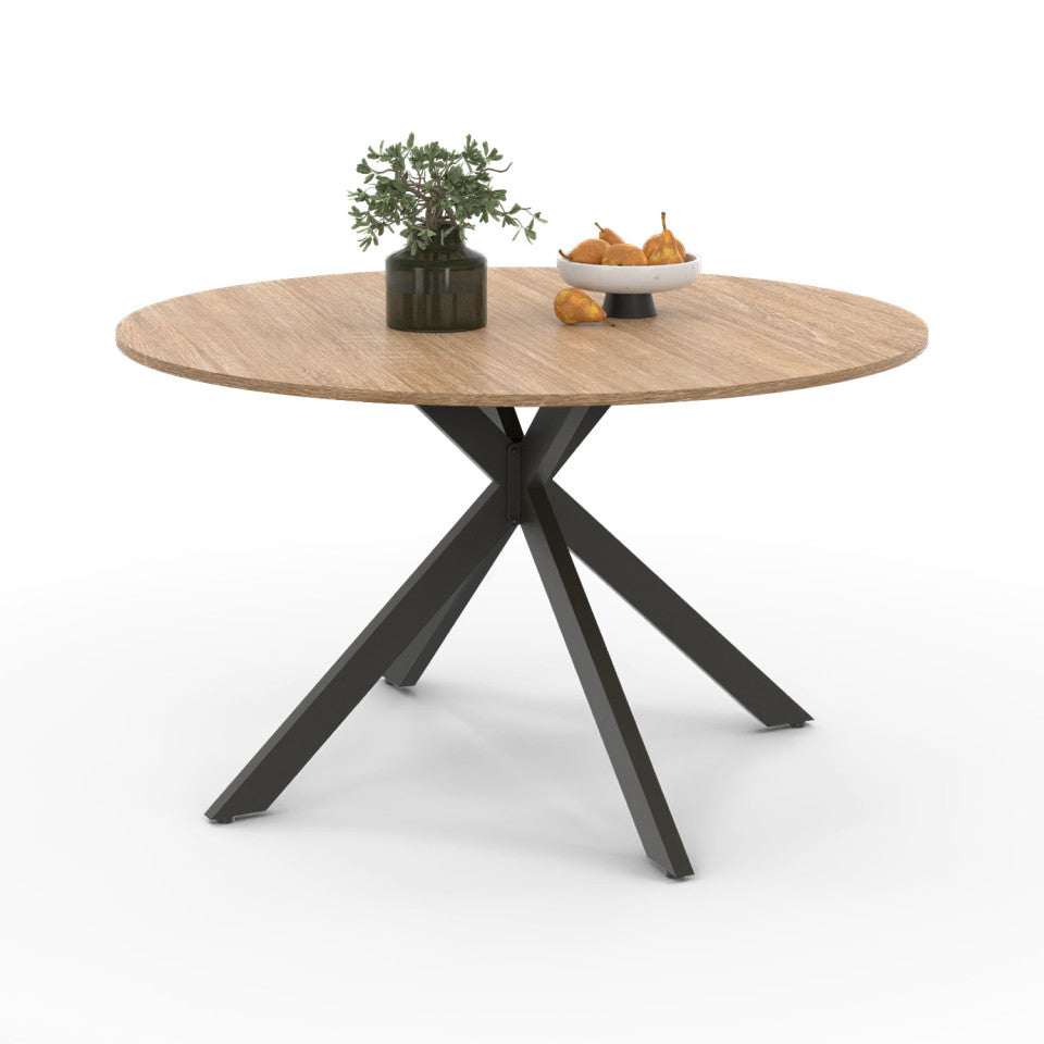 Table repas extensible Soline 110-150cm plateau rond bois pieds croisés noirs