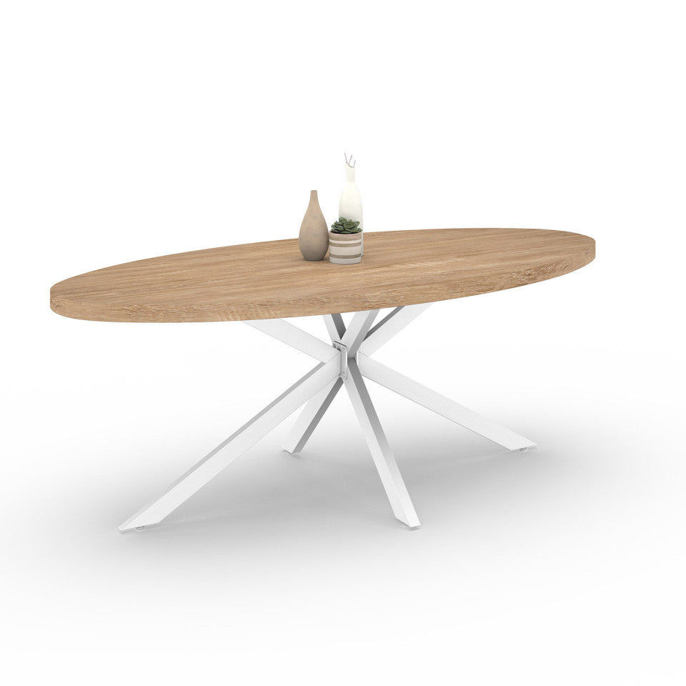 Table repas Céleste plateau ovale bois 200cm et pieds croisés blancs