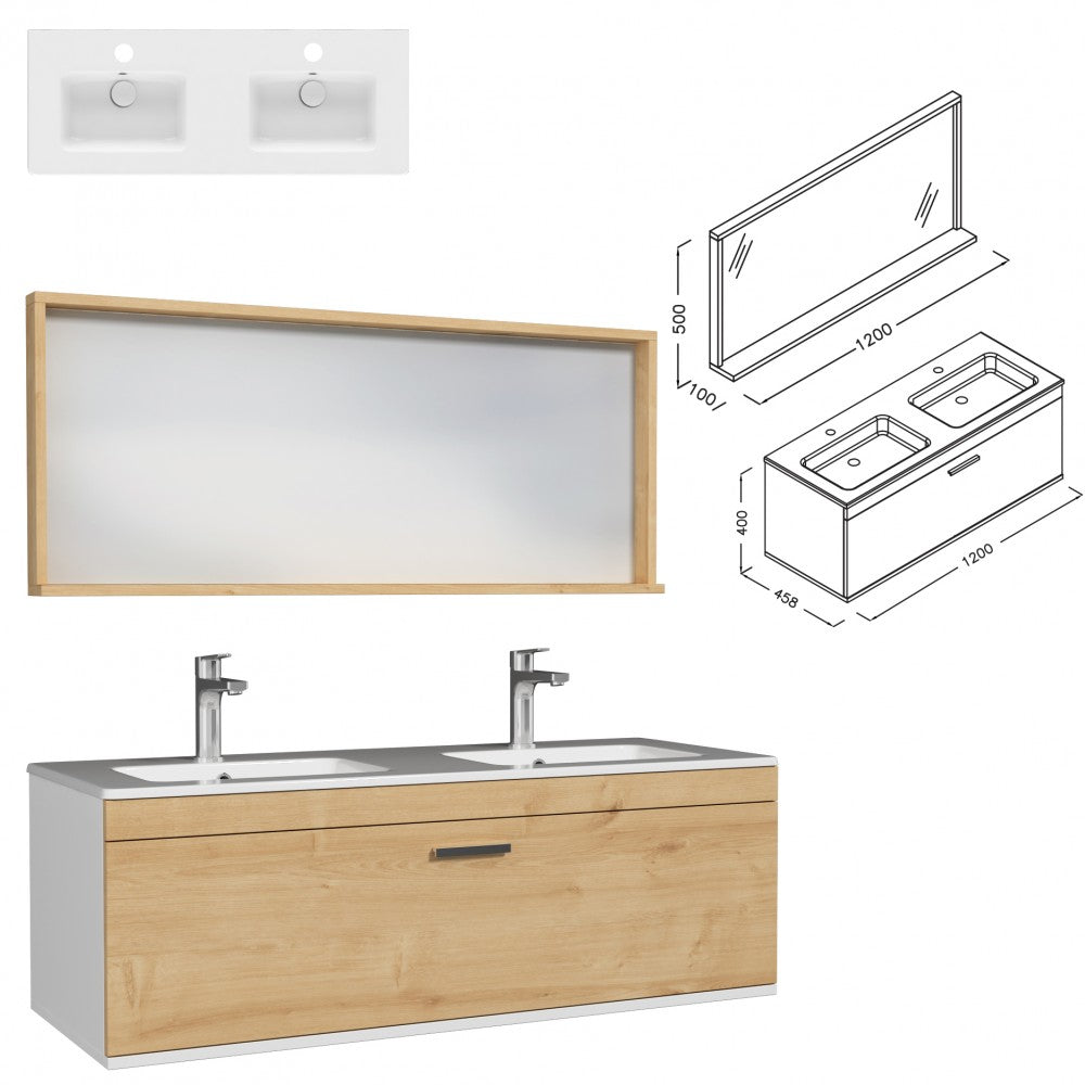 Meuble double vasque Rubite 1 tiroir 120 cm + miroir cadre