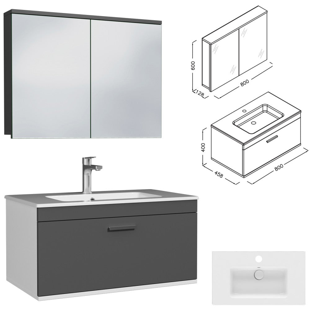 Meuble simple vasque Rubite 1 tiroir 80 cm + miroir armoire