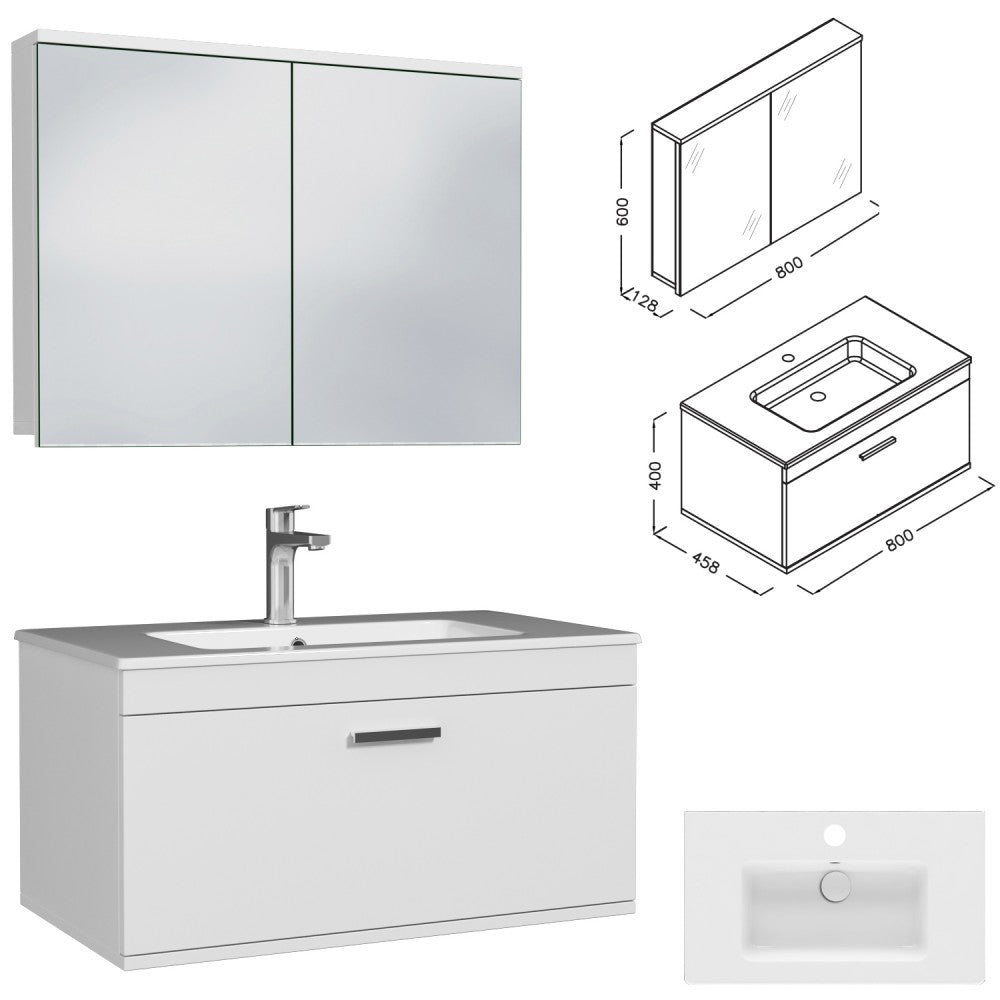 Meuble simple vasque Rubite 1 tiroir 80 cm + miroir armoire