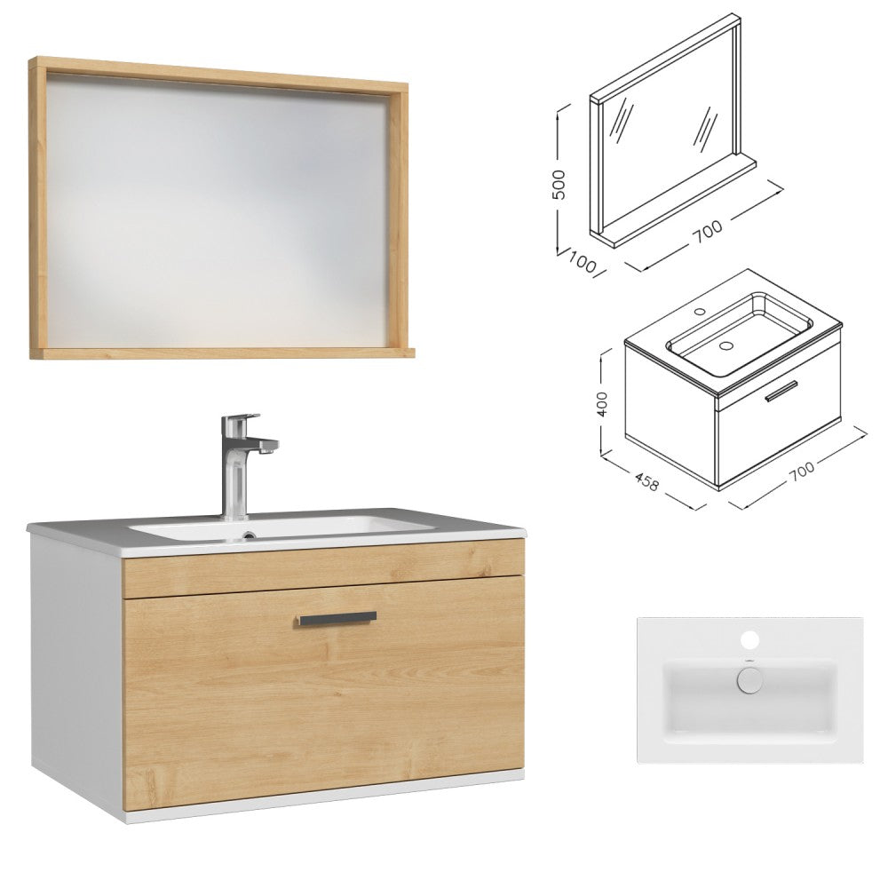 Meuble simple vasque Rubite 1 tiroir 70 cm + miroir cadre