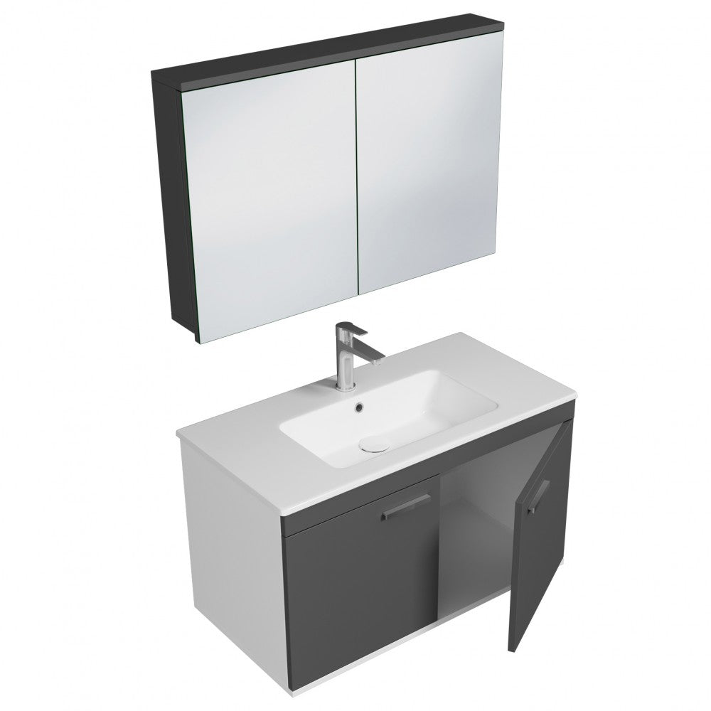 Meuble simple vasque Rubite 2 portes 90 cm + miroir armoire