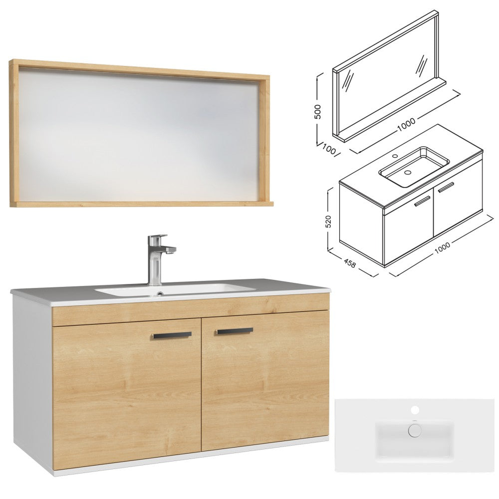 Meuble simple vasque Rubite 2 portes 100 cm + miroir cadre