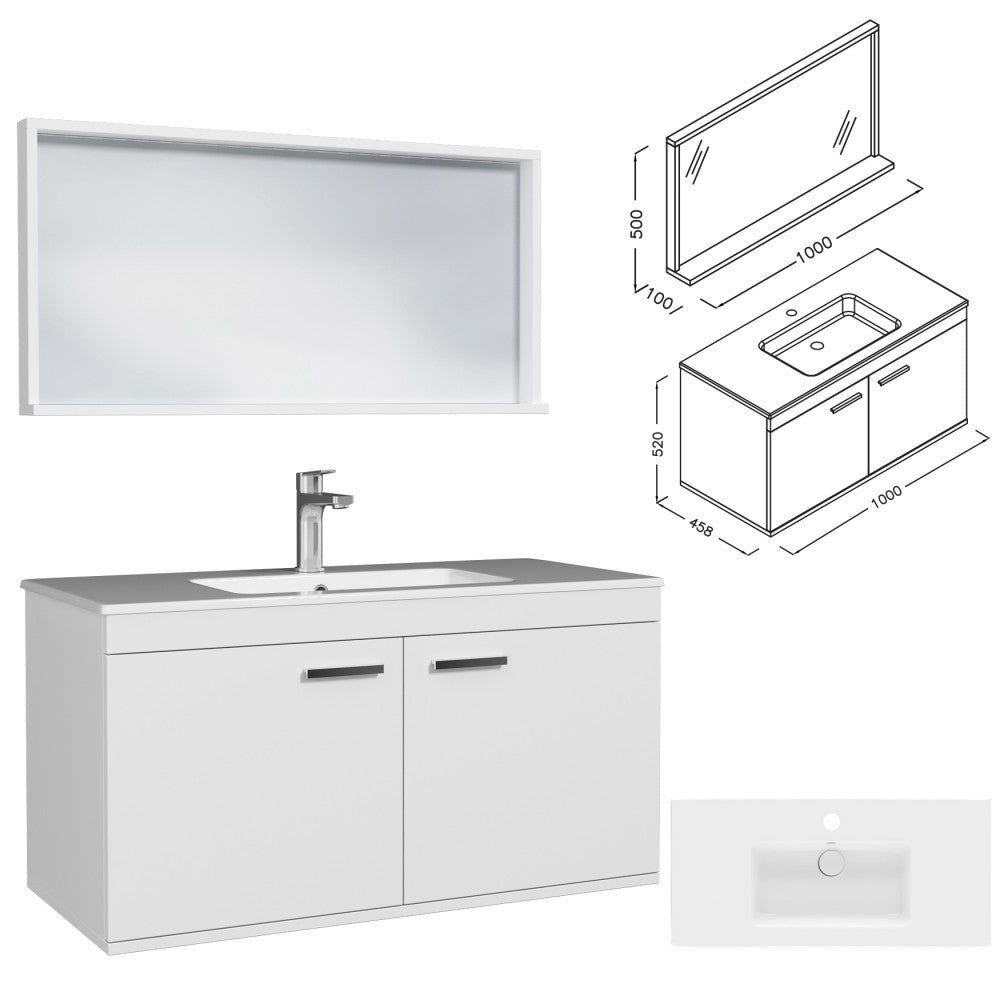 Meuble simple vasque Rubite 2 portes 100 cm + miroir cadre