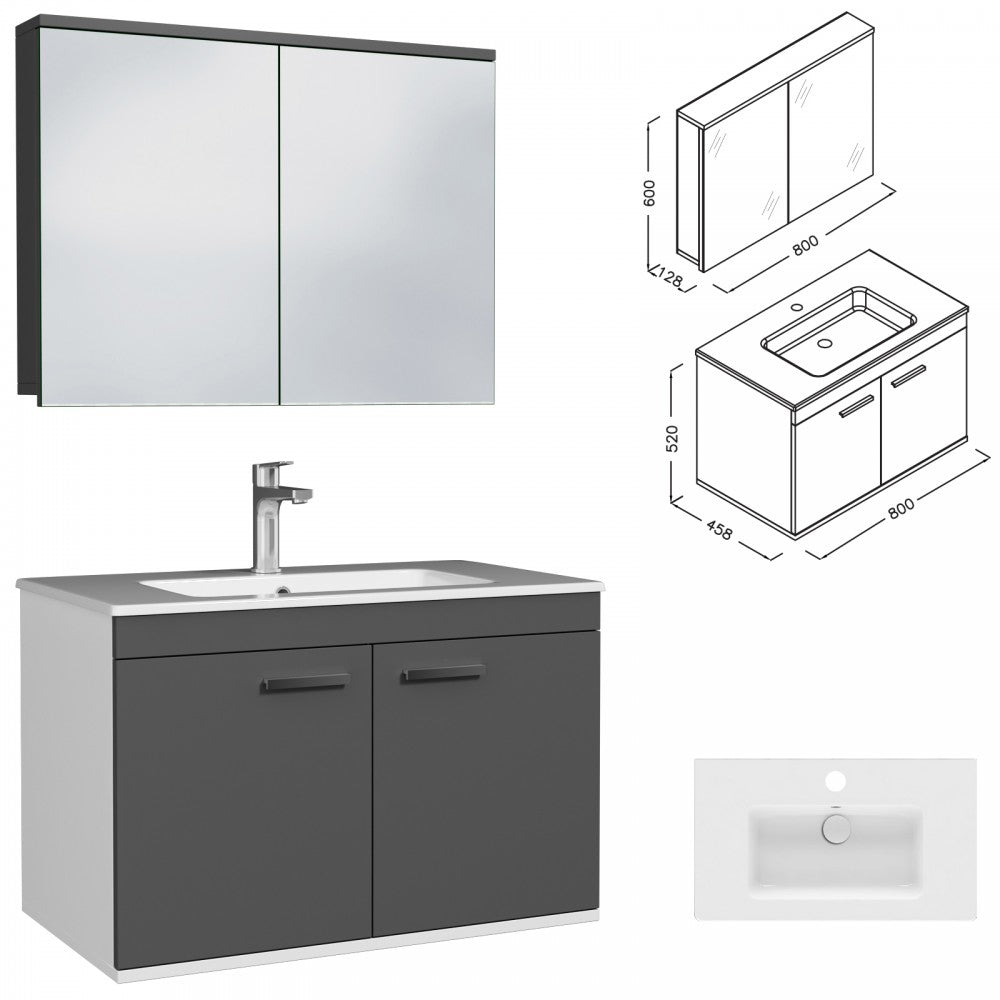 Meuble simple vasque Rubite 2 portes 80 cm + miroir armoire