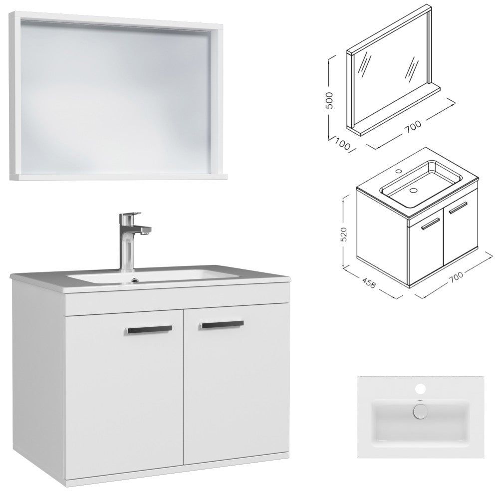 Meuble simple vasque Rubite 2 portes 70 cm + miroir cadre