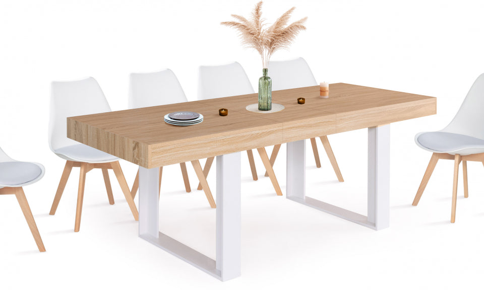 Table repas Brixton plateau extensible 200-300cm bois et pieds blancs