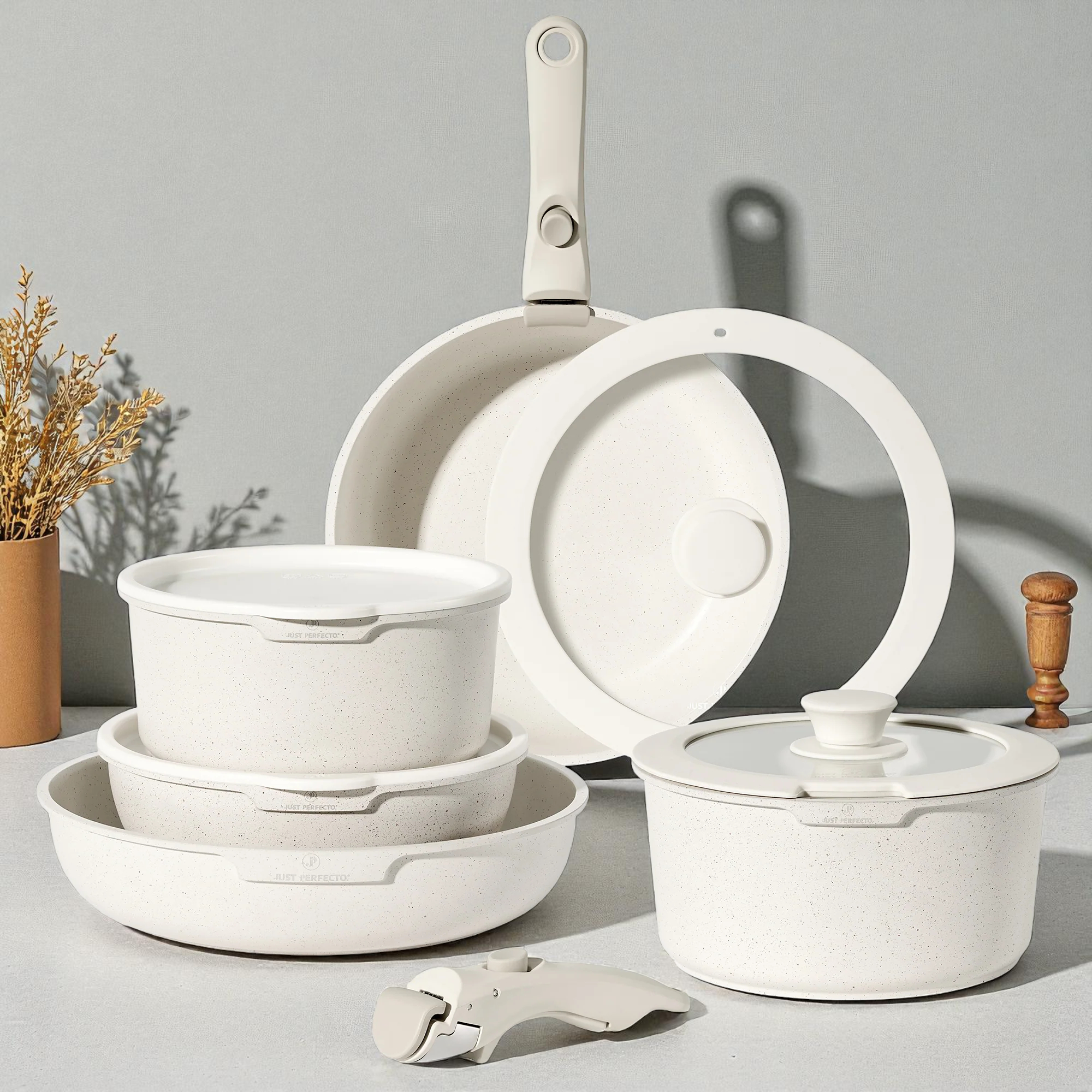 Batterie de cuisine 11 pièces avec poignées amovibles en Granit Beige - Tous feux dont induction