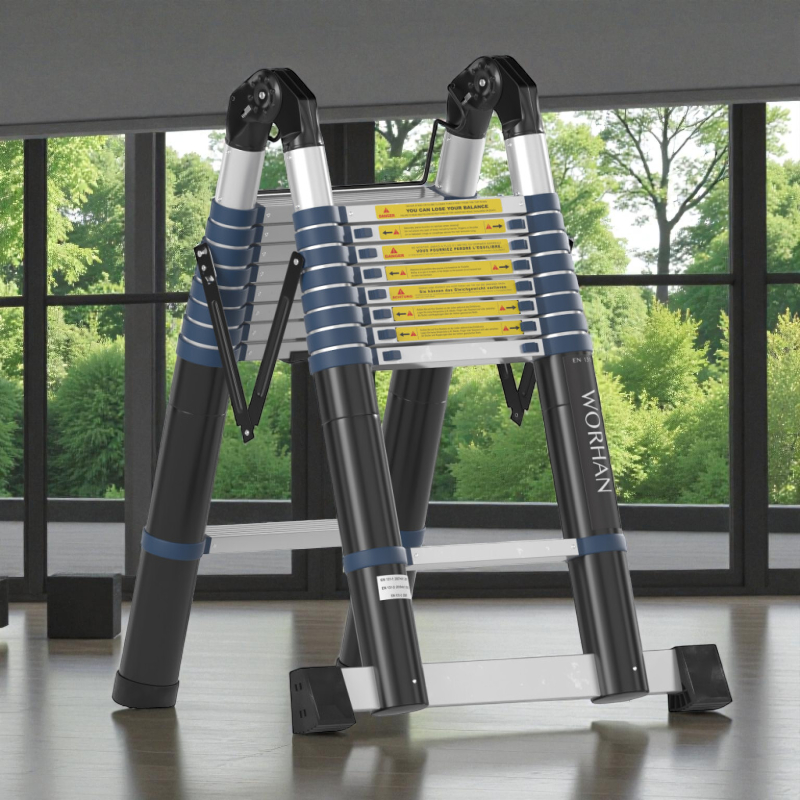 Escabeau télescopique PRO en aluminium - 2 x 8 échelons - 5 m + 2 stabilisateurs