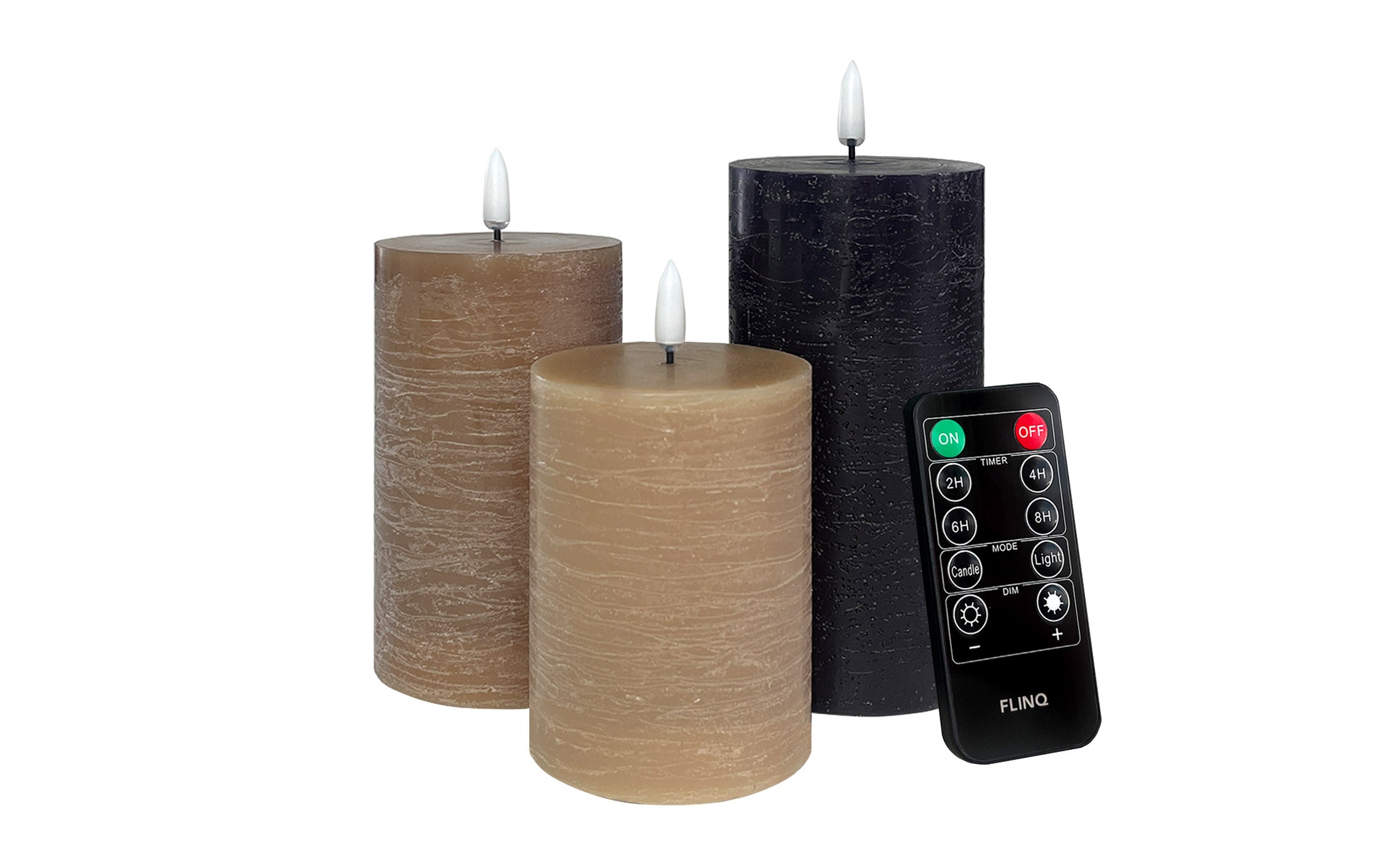 FlinQ - Ensemble de 3 bougies LED rechargeables à flamme vacillante - Télécommande incluse - Classiques Terre