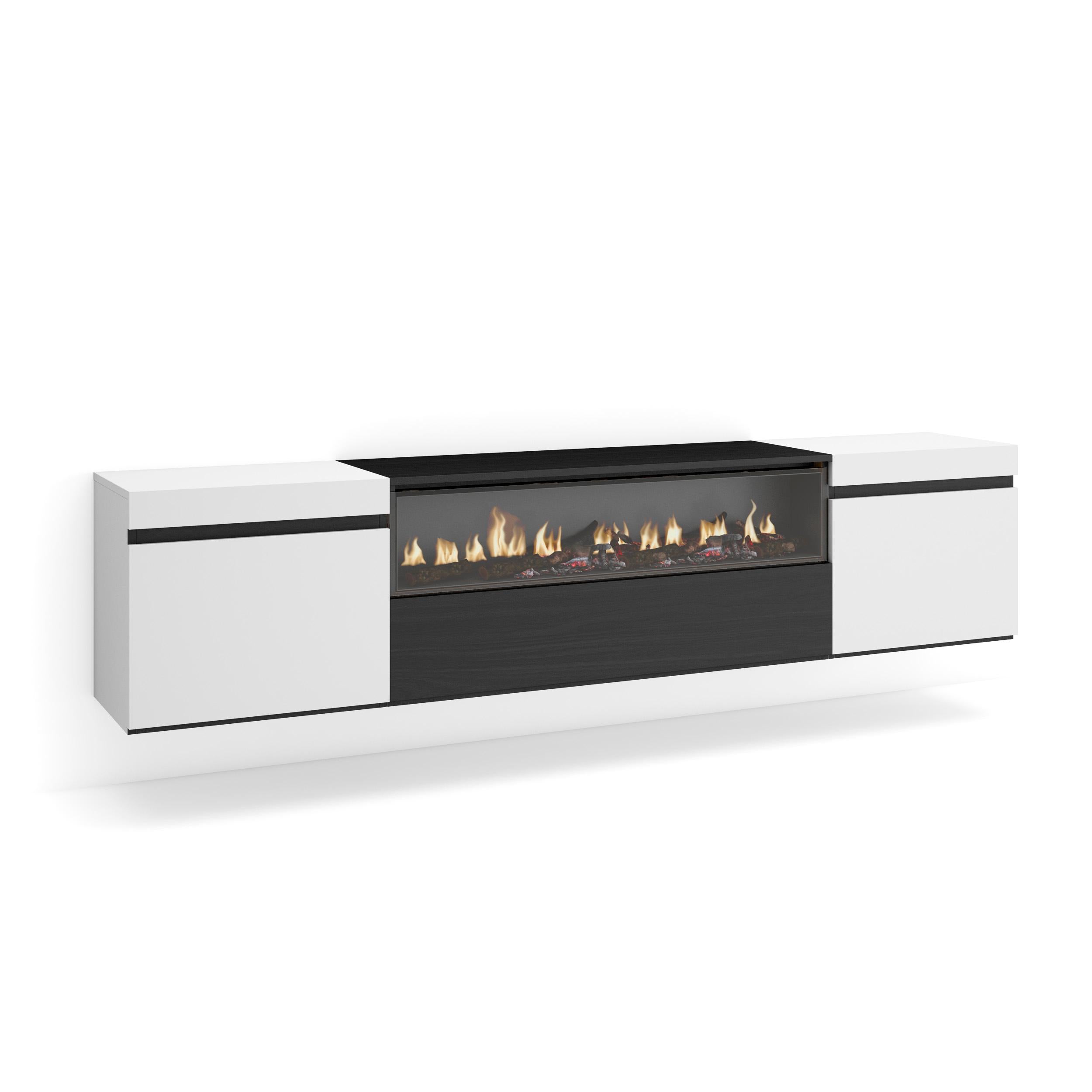 Meuble TV - 200x45x35cm - Cheminée électrique - Suspendu - Mural - Blanc et noir