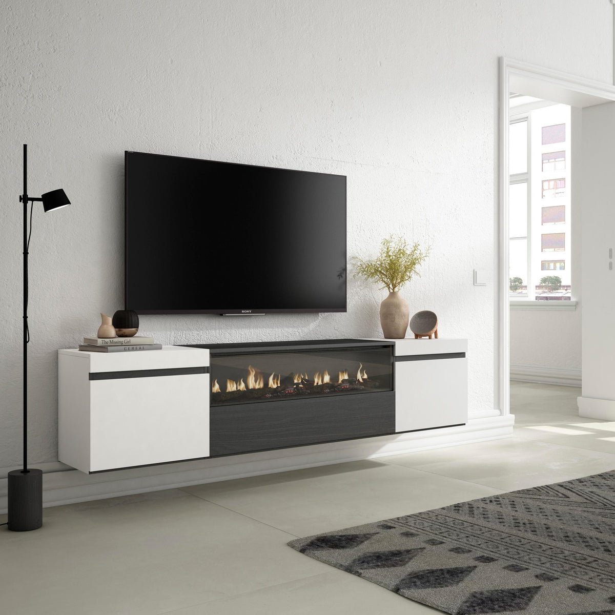 Meuble TV - 200x45x35cm - Cheminée électrique - Suspendu - Mural - Blanc et noir