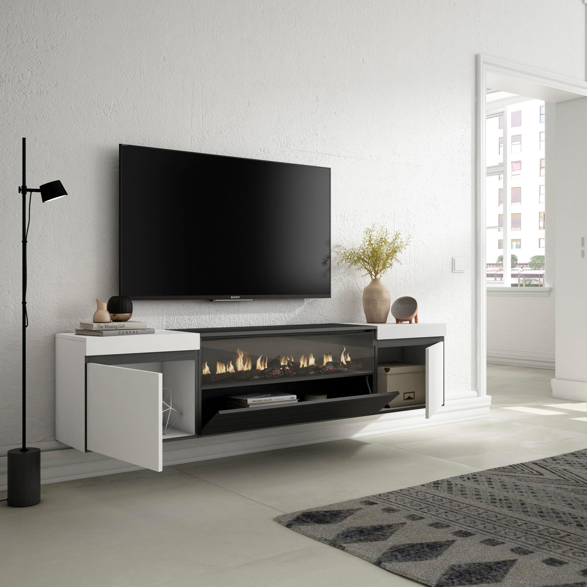 Meuble TV - 200x45x35cm - Cheminée électrique - Suspendu - Mural - Blanc et noir