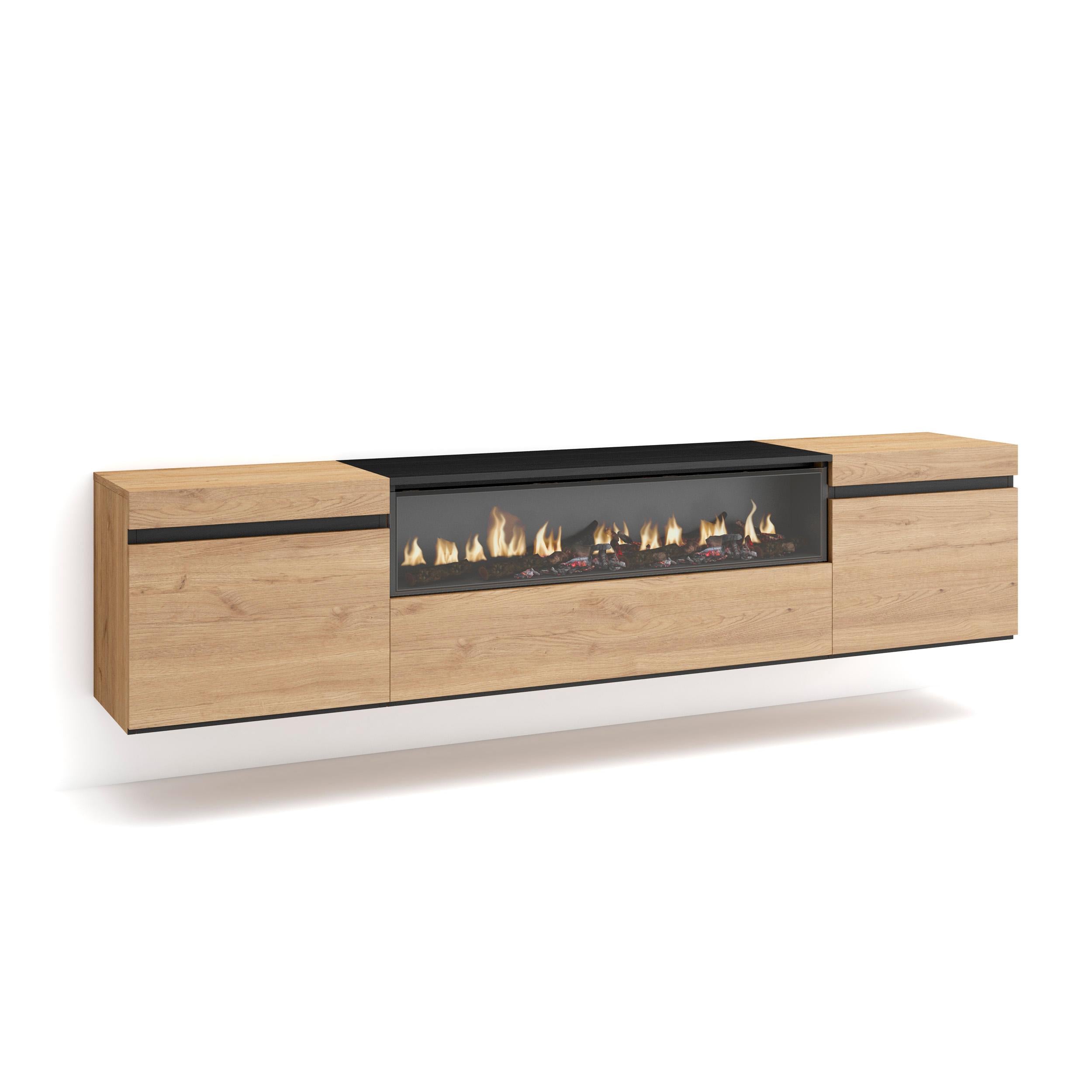 Meuble TV - 200x45x35cm - Cheminée électrique - Suspendu - Mural, Chêne et noir