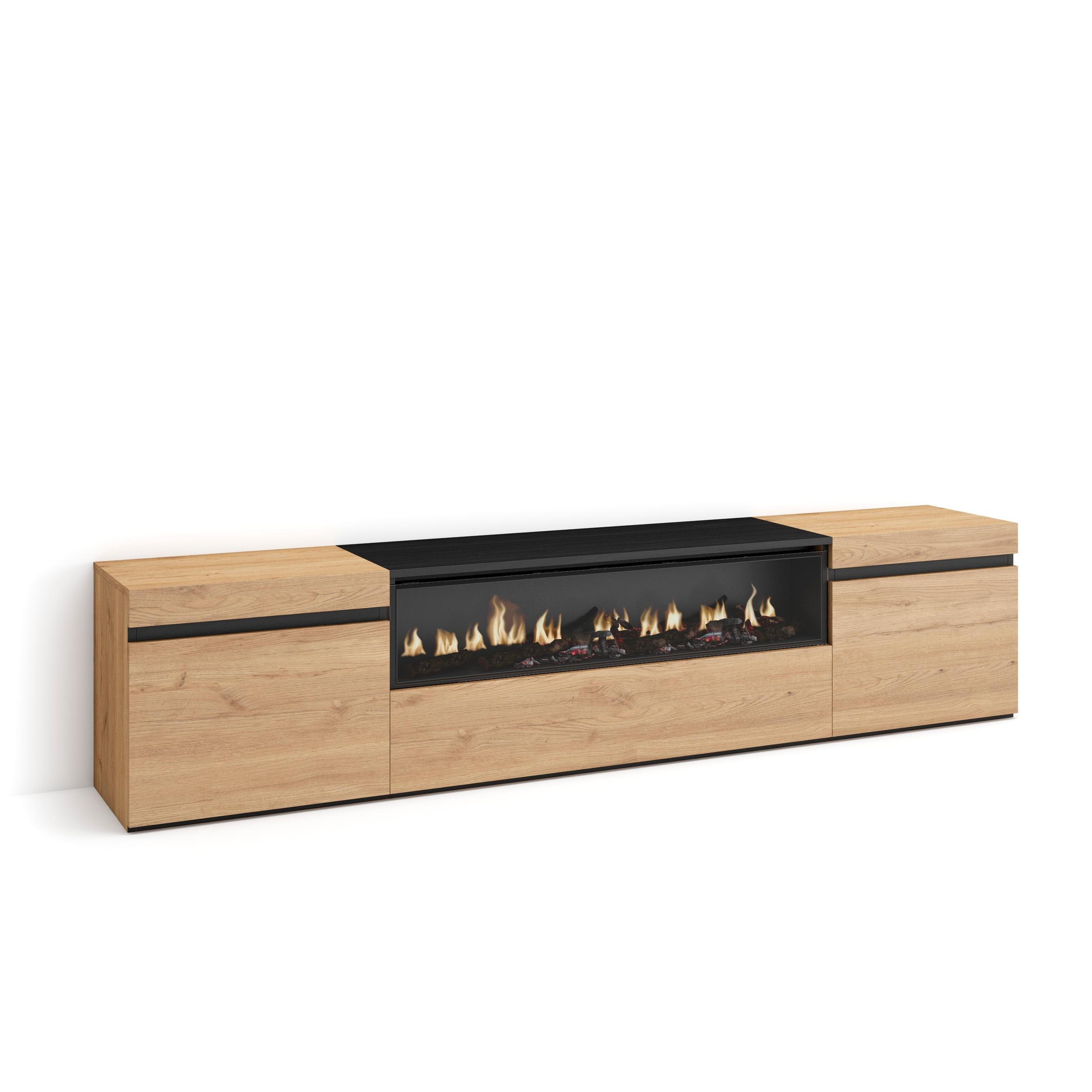 Meuble TV  - 200x45x35cm - Cheminée électrique  Pour les TV jusqu'à 80" - Chêne et noir