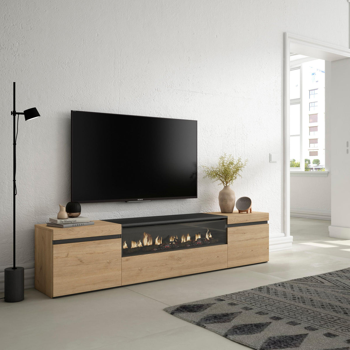 Meuble TV  - 200x45x35cm - Cheminée électrique  Pour les TV jusqu'à 80" - Chêne et noir