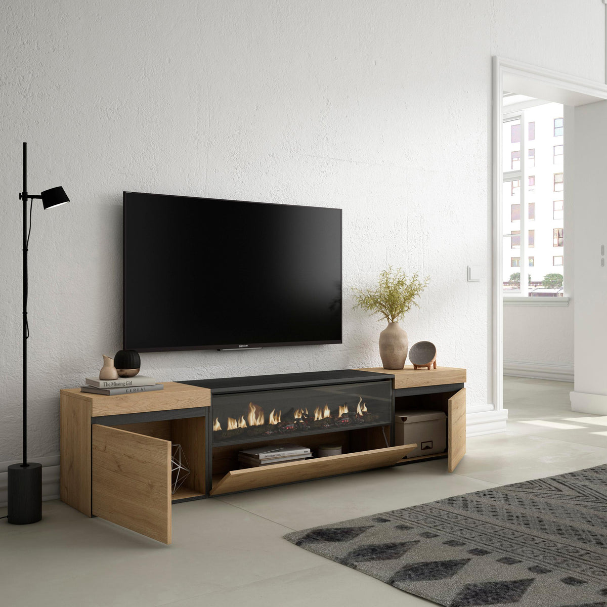 Meuble TV  - 200x45x35cm - Cheminée électrique  Pour les TV jusqu'à 80" - Chêne et noir