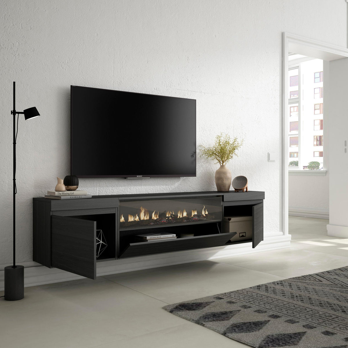 Meuble TV - 200x45x35cm - Cheminée électrique - Suspendu - Mural - Noir