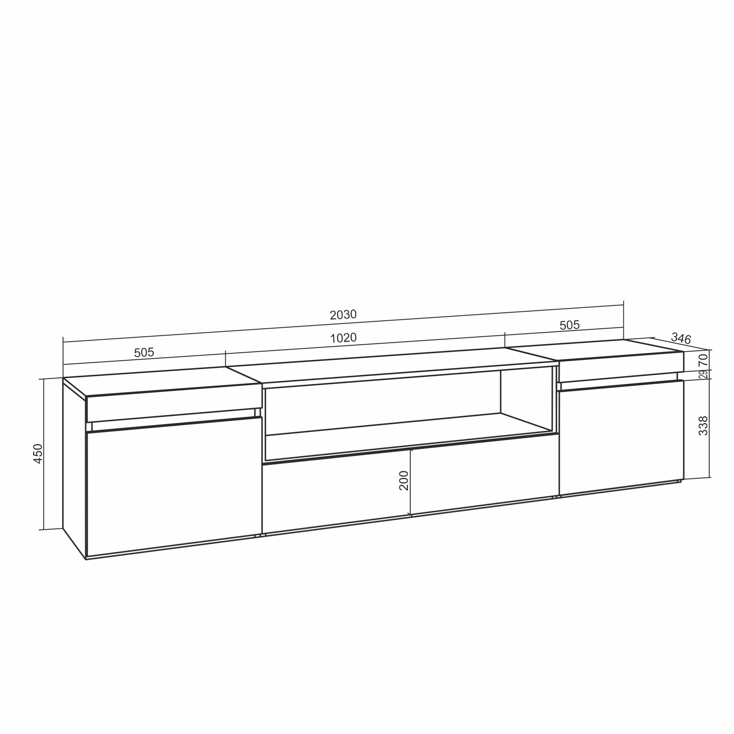 Meuble TV - 200x45x35cm - Cheminée électrique - Pour les TV jusqu'à 80" - Noir