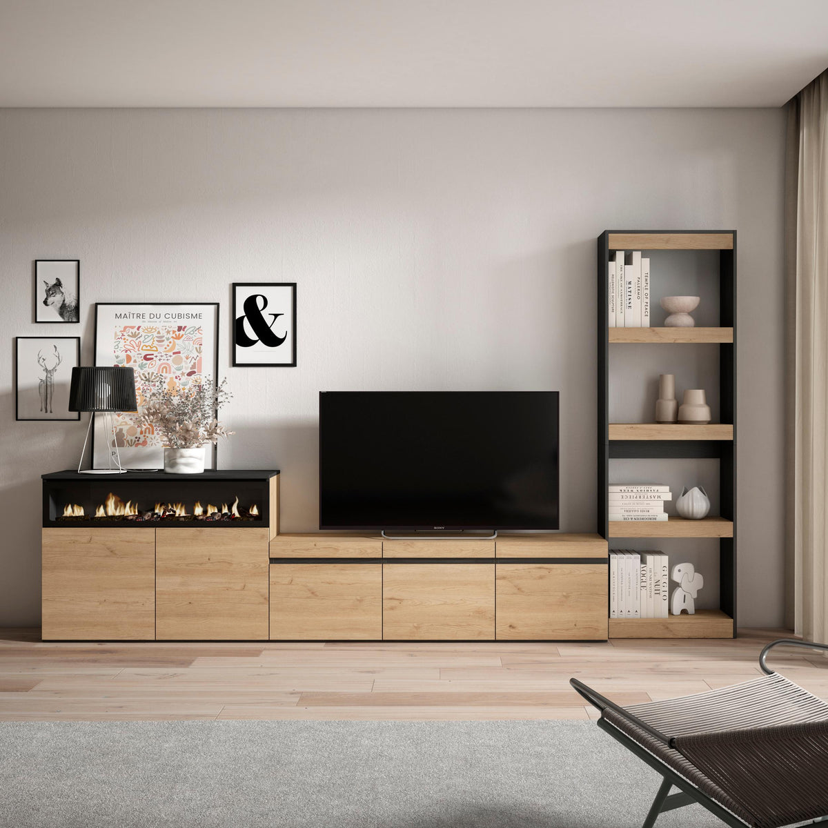 Ensemble Meuble TV - 310x186x35cm - Cheminée électrique - Pour les TV jusqu'à 65" - Chêne et noir