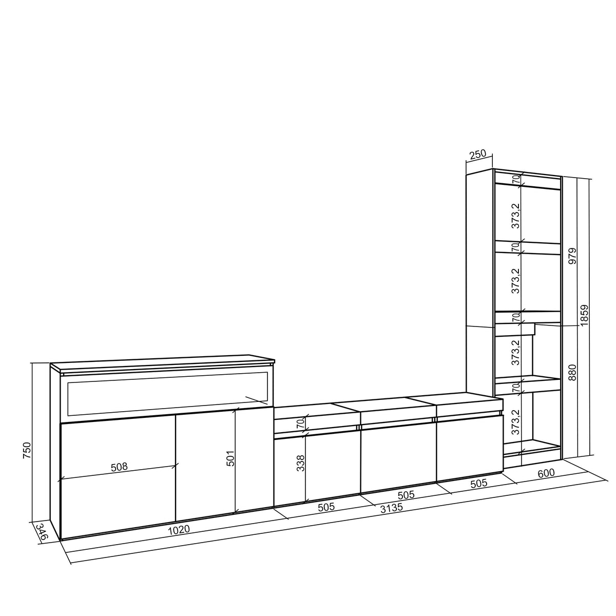 Ensemble Meuble TV - 310x186x35cm - Cheminée électrique - Pour les TV jusqu'à 65" - Chêne et noir