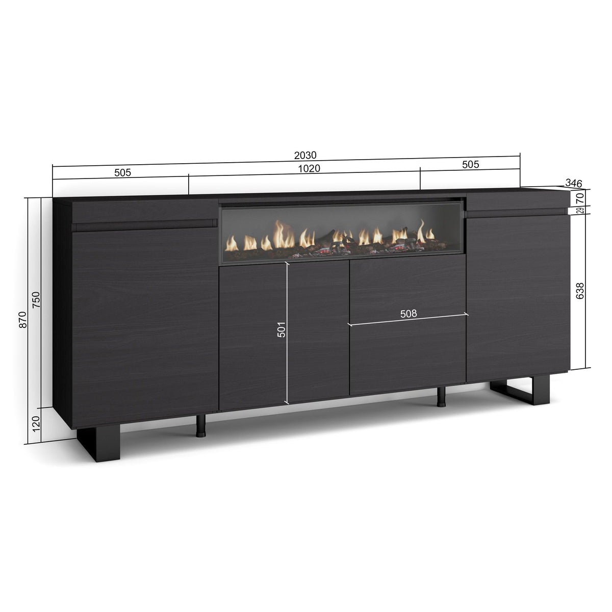 Buffet salon et cuisine - Meuble de Rangement- Commode - Cheminée électrique - 200 x 87 x 35 cm - Design industriel noir