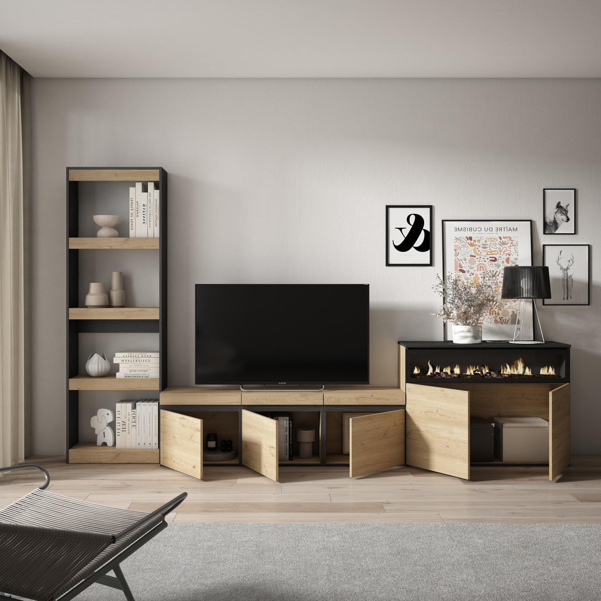 Ensemble Meuble TV - 310x186x35cm - Cheminée électrique - Pour les TV jusqu'à 65¨- Chêne et noir