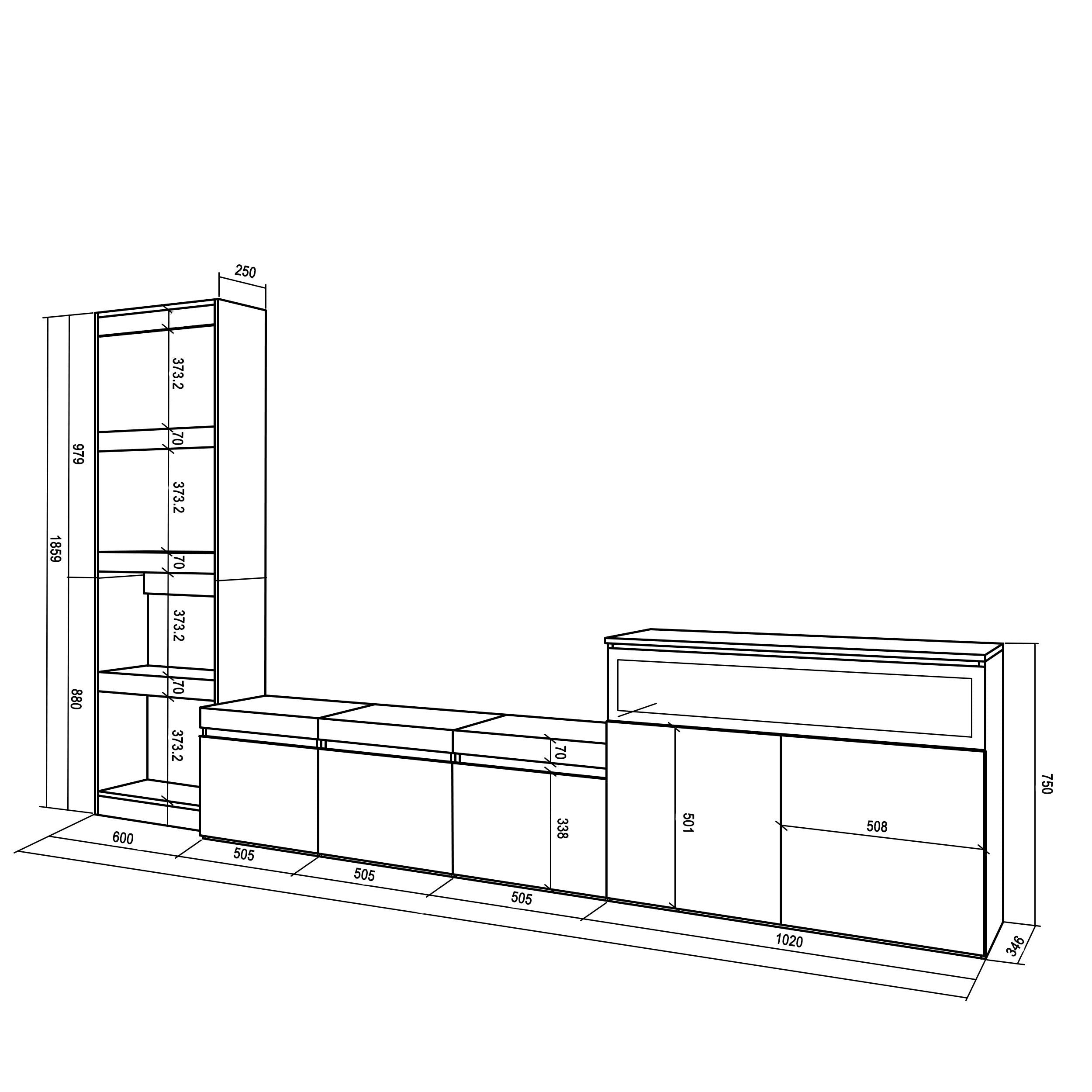 Ensemble Meuble TV - 310x186x35cm - Cheminée électrique - Pour les TV jusqu'à 65¨- Chêne et noir