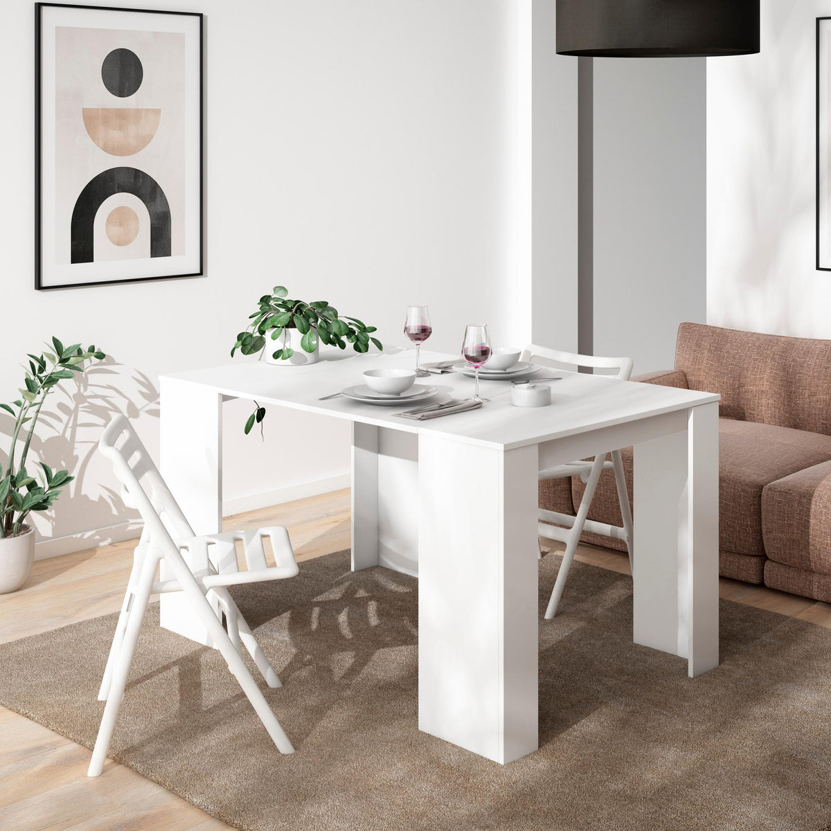 Table console extensible, 140, Pour 6 personnes, Blanc